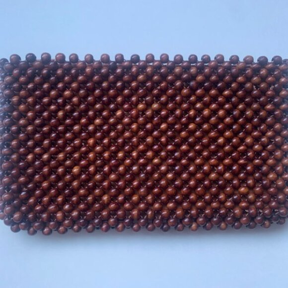 Vintage Wooden Beaded Clutch Brown Boho Y2K Zip Pouch - Picture 2 of 6